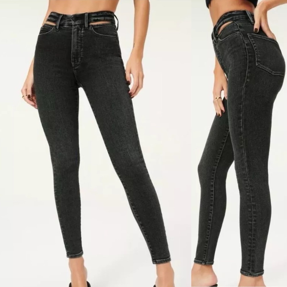 Good American Jeans Size 6 Ash Black Waist Slit High Rise Skinny Denim GLSW419T